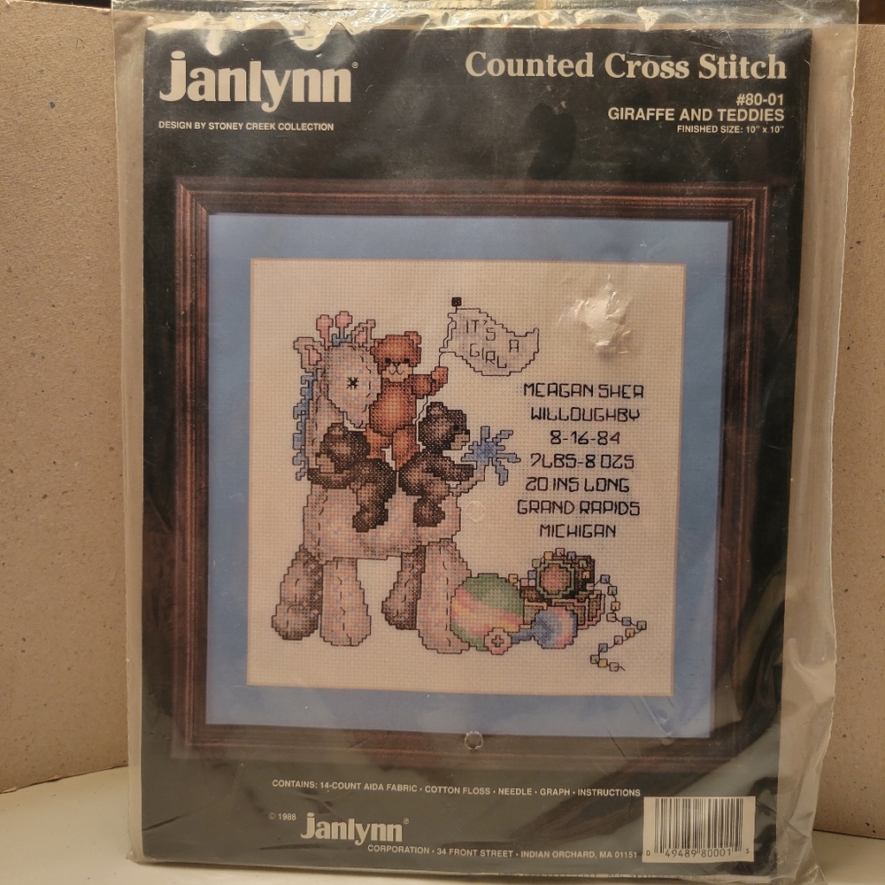 Janlynn Counted Cross Stitch Bears Giraffe 10"×10" Birth Record Kit NIP Oldstock